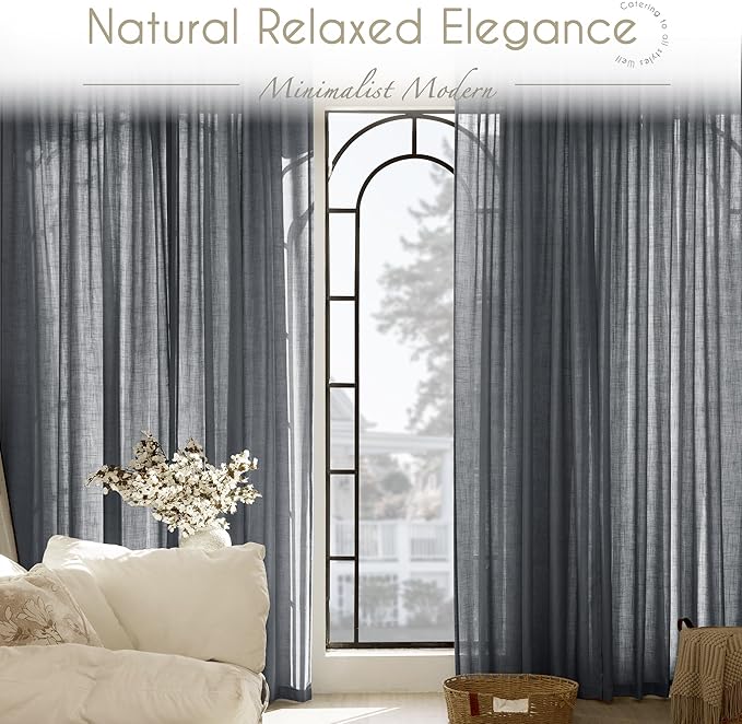 Dark Gray Curtains for Living Room Back Tab Modern Farmhouse Semi Sheer Gray Curtains 108 inches Long 2 Panels Set Muted Neutral Window Curtain for Dining Room Bedroom 52x108