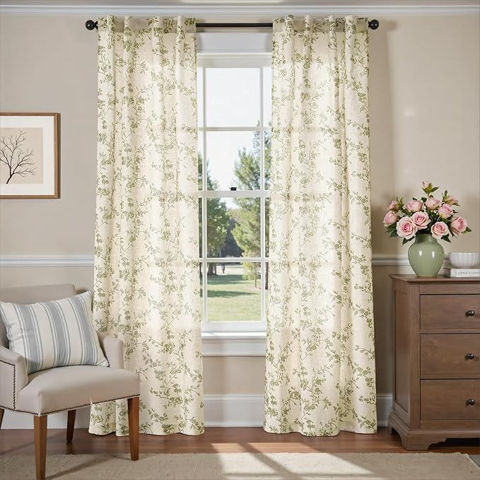 Lazzzy Green Floral Linen Curtains 90 Inch Farmhouse Back Tab Drapes for Living Room Bedroom Light Filtering Vintage Grandmillennial Rod Pocket Curtains, 2 Panels, W38 x L90, Green on Beige