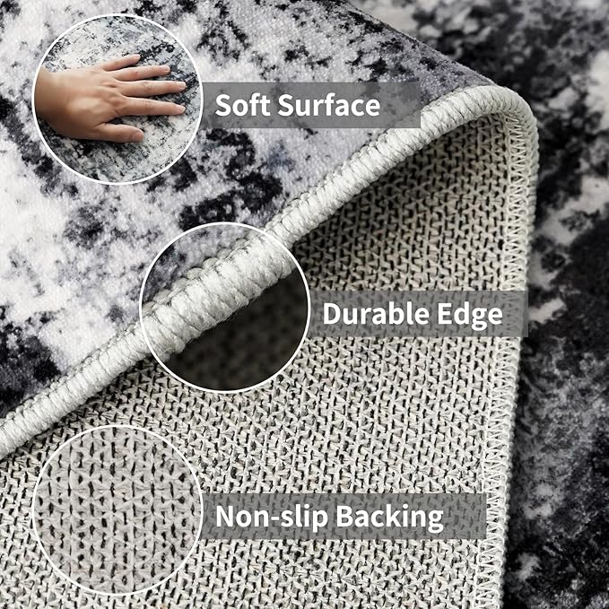 3x10 Washable Runner Rugs for Hallway: Easy-to-Clean Abstract Runners for Entryway Bedroom - Stain and Water Resistant Rugs with Non-Slip Backing - Soft Low-Pile Carpet Black Grey