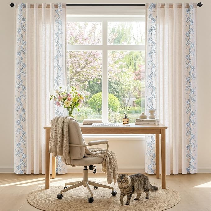 jinchan Evelyn Embroidered Linen Curtains 84 inch Long 2 Panels Blue Curtains for Living Room Bedroom Farmhouse Cottage Core Semi Sheer Light Filtering Floral Window Drapes Rod Pocket Back Tab