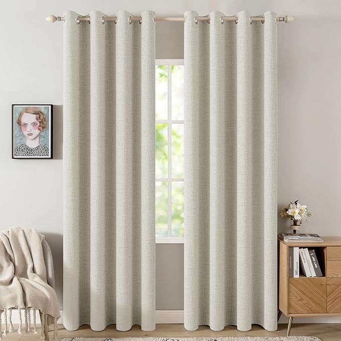MIULEE Linen Texture Curtains for Bedroom Light Cream 100% Blackout Thermal Insulated Linen Curtains Grommet Room Darkening Drapes for Living Room Nursery 52x84 Inch (2 Panels)
