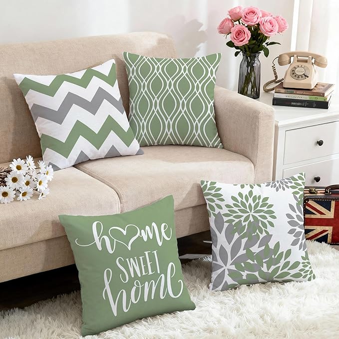 Hexagram Geometric Sage Green Pillow Covers 18x18 Set of 4, Decorative Outdoor Boho Modern Throw Pillow Covers, Home Sweet Home Farmhouse Cushion Case for Couch Sofa Bedroom Indoor Decor(No Insert)
