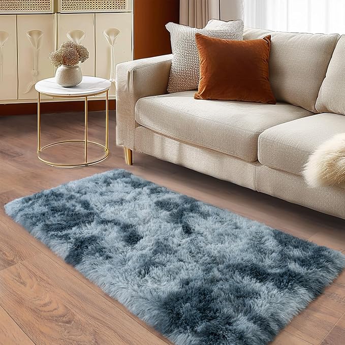 Soft Runner Rugs for Bedroom Hallways, 2x4 Tie-Dyed Blue Grey Fluffy Shag Throw Area Rug Non Slip for Bedside Dorm, Long Shaggy Furry Carpet for Nursery Living Room