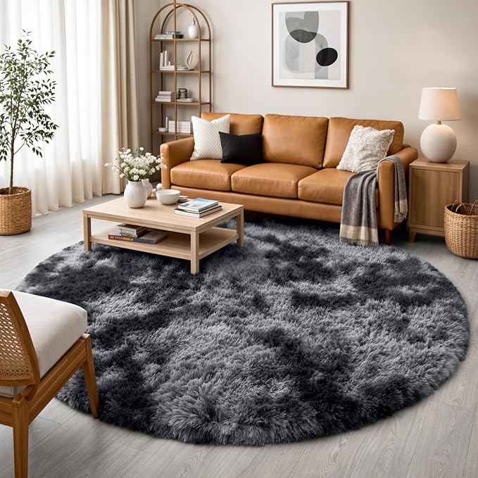 Amdrebio Tie-Dyed Dark Grey Round Area Rugs for Living Room, 6x6 Rug, Soft Thick Large Circle Rug for Bedroom, Big Shag Fluffy Fuzzy Carpet for Mens Boys Kids Room, Modern Cool Floor Circular Rug