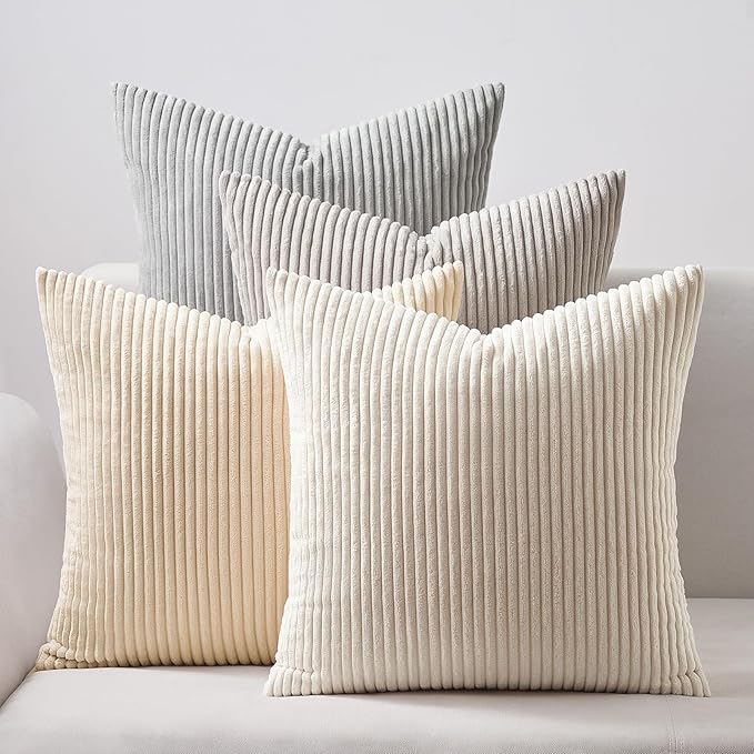 Topfinel 4 Packs Neutral Decorative Throw Pillows Covers 16x16 Inch for Living Room Couch Bed Sofa, Rustic Farmhouse Boho Neutral Home Decor, Soft Plush Striped Corduroy Square Cushion Case 40x40 cm
