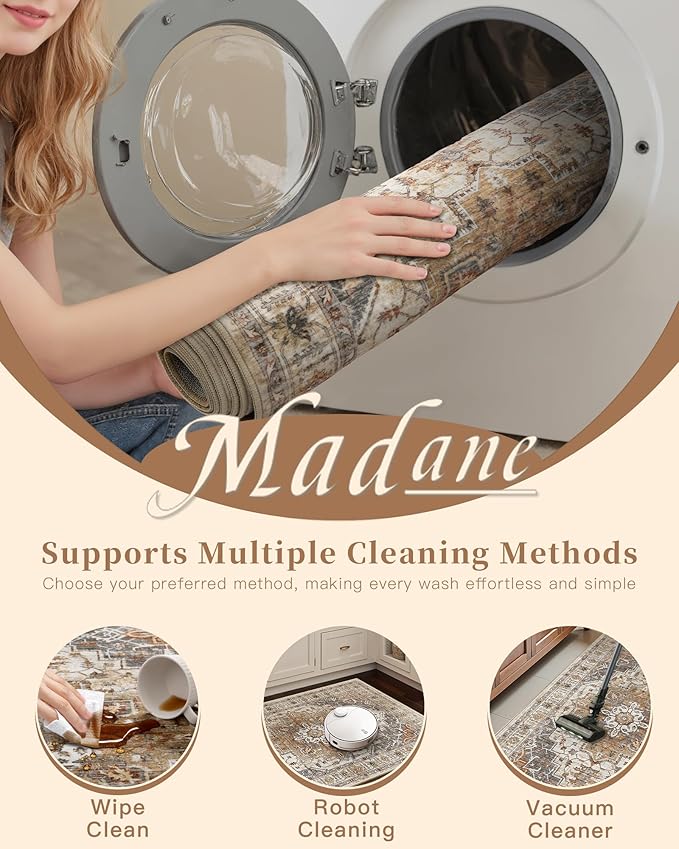 Madane Washable Runner Rug - 2x6 Rug Runners for Hallways 6 Feet Non Slip Vintage Kitchen Runner Rug Ultra-Thin Bathroom Runner Rugs Carpet Laundry Room Bedroom (2x6ft, Turmeric/Grey)