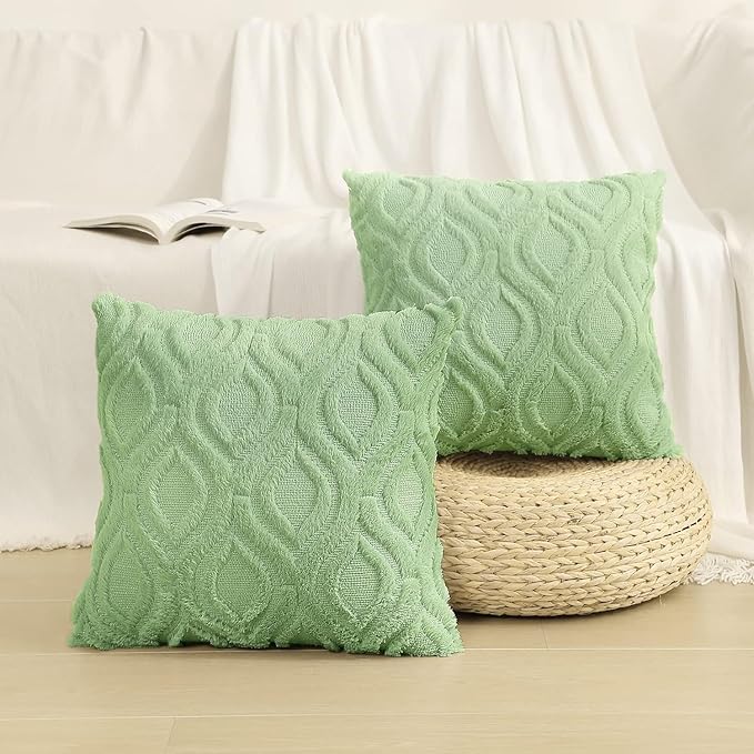 decorUhome Summer Throw Pillow Covers 24x24 Inch Set of 2, Soft Plush Faux Wool Light Sage Green Solid Couch Pillow Covers, Accent Euro Sham Farmhouse Square Pillow Cases for Sofa Bed Living Room