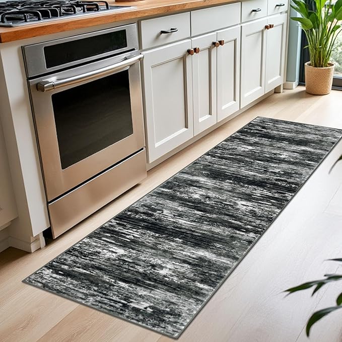 KOZYFLY Modern Abstract Washable Rug Runner 2x7 Hallway Runner Rug Non-Slip Soft Kitchen Runner Rugs, Print Black Grey Striped Carpet Runner for Entryway Bathroom Laundry Room Foyer