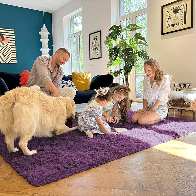 OLANLY 3x5 Machine Washable Small Bedside Rug, Soft Fluffy Shaggy Rugs for Living Room, Bedroom, Indoor Floor Carpet for Kids Girls and Boys, Preppy Dorms, Nursery, Home Decor Aesthetic, Dark Purple