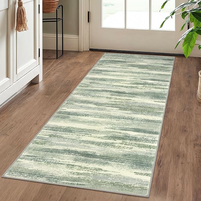 Lansny Modern Abstract Runner Rug 2x5, Sage Green Grey Washable Kitchen Runner Entryway Rug Mat Non-Slip Soft Hallway Rug Runner Thin Print Faux Wool Carpet for Bedroom Laundry Room Indoor