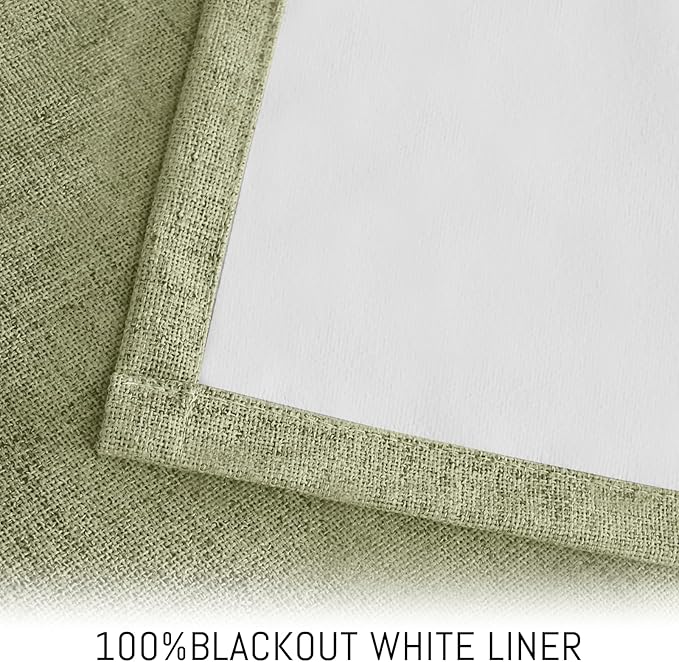 Yakamok Linen Sage Curtains 100% Blackout 84 Inches Long,Room Darkening Textured Drapes for Living Room Thermal Grommet Bedroom Curtains 2 Panels with Greyish White Liner