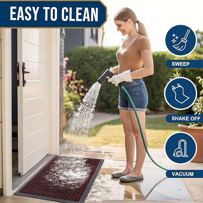 Smiry Front Door Mat Outside Entrance, Heavy Duty Sturdy Natural Rubber Doormat, Trap Dirt and Moisture, Easy Clean Low Profile Mats for Indoor Outdoor Entry, Irregular Triangle (47x32, Dark Red)