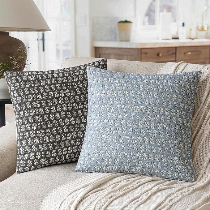 Foindtower Set of 2 Decorative Neutral Floral Print Throw Pillow Covers Vintage Accent Farmhouse Cushion Covers Boho Home Decor for Sofa Couch Chair Bedroom Living Room Outdoor,20×20 Inch,Powder Blue