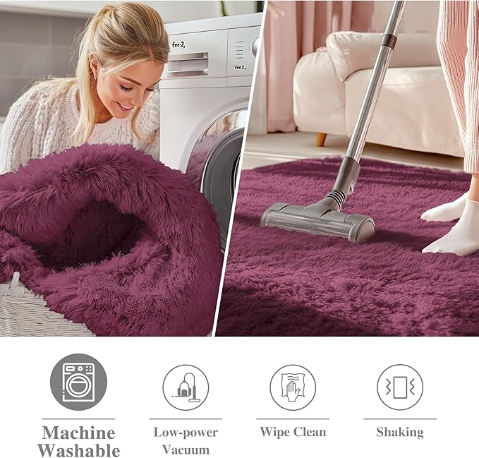 OLANLY Burgundy Round Rugs for Bedroom - Machine Washable, 3 ft Circle Area Rugs for Living Room, Soft and Fluffy Shaggy Carpet for Teen Girls and Boys, Nursery Rooms, Dorms, Home Decor Aesthetic
