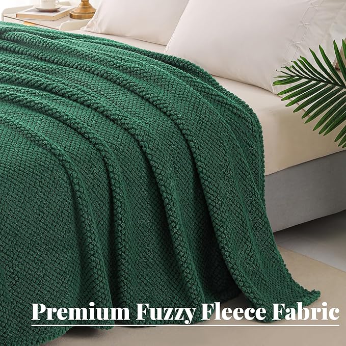 Whale Flotilla Queen Size Fuzzy Fleece Blanket for Bed, 90x90 Inch Fluffy Warm Soft Jacquard Blankets for All Season, Lightweight and Cozy, Deep Green