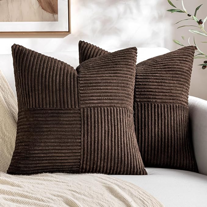 MIULEE Dark Brown Decorative Throw Pillow Covers 20x20 Inch for Couch Bed Sofa Pack of 2 Boho Farmhouse Throw Pillows Soft Cross Corduroy Patchwork Textured Cushion Cases