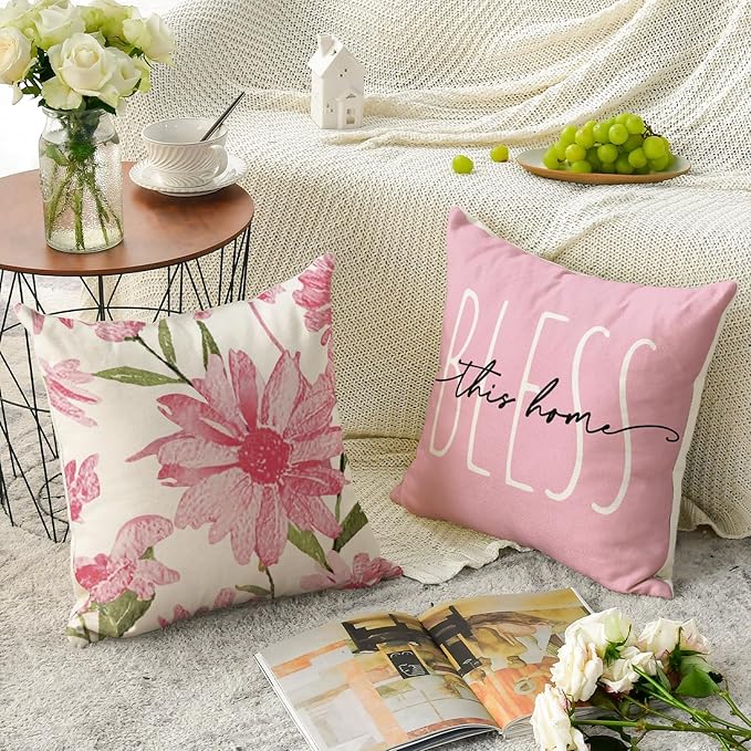 AVOIN colorlife Home Sweet Home Spring Summer Flowers Pink Throw Pillow Covers, 16 x 16 Inch Cushion Case for Sofa Couch Set of 4