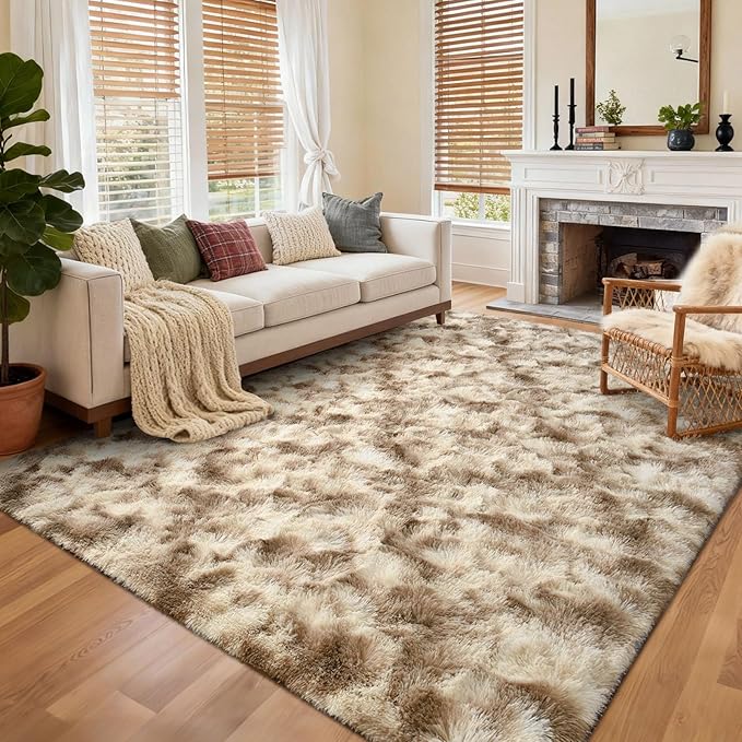 5x7 Ft Large Shag Rugs for Bedroom Living Room Decor for Men Boys, Tie Dyed Ultra Soft Fluffy Furry Area Rug for Indoor Floor, Aesthetic Carpet for Home Decor (Khaki)