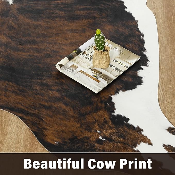 AROGAN Western Decor Faux Fur Cowhide Rug, 6.2x7 Feet Premium Animal Skin Cow Hide Rug, Sturdy Cow Print Rugs for Wall Decor, Western Floor Carpet for Bedroom Living Room, Black and Brown