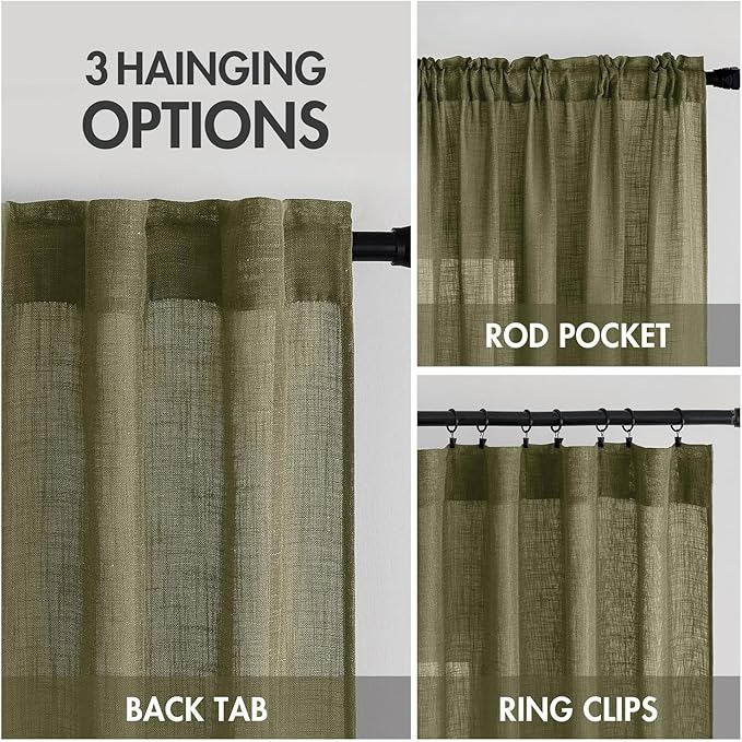 MIULEE Light Olive Green Linen Curtains 84 Inch Length 2 Panels for Bedroom Living Room, Soft Linen Textured Natural Window Drapes Semi Sheer Light Filtering Back Tab Rod Pocket Burlap Look Decor