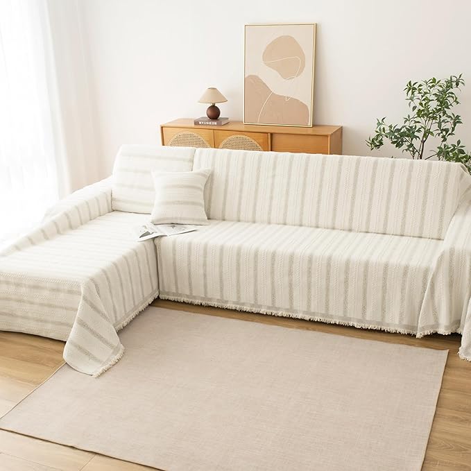Couch Cover for Dogs, Boho Sofa Covers for 3 Cushion Couch, Chenille Sofa Slipcover for Pets Washable, L-Shape Sectional Loveseat Cover Soft Throw Blankets with Tassels(71x118,Striped Beige)