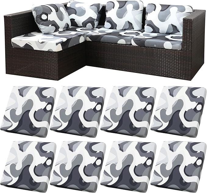 8Pcs Stretch Patio Cushion Covers,Outdoor Couch Covers Replacement,Outdoor Couch & Sofa Slipcovers,for Patio Furniture Cushion Covers,Washable Reusable urniture Protector(Black Camouflage,8PCS)