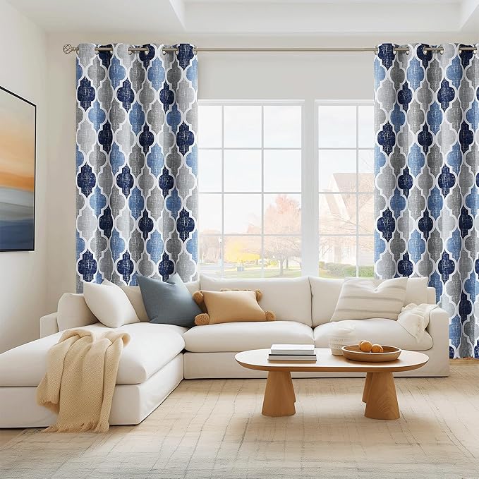 Beauoop 100% Blackout Curtains 90 Inches Long 2 Panels for Bedroom Living Room Blue Grey Moroccan Geo Room Darkening Thermal Insulated Soundproof Grommet Top Window Treatments Drapes, 50x90 Set of 2