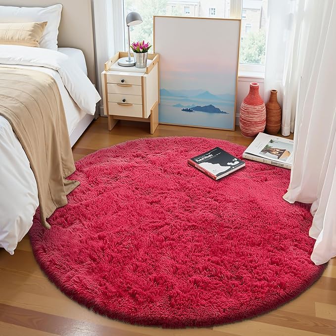 OLANLY Red Round Rugs for Bedroom - Machine Washable, 9 ft Circle Area Rugs for Living Room, Soft and Fluffy Shaggy Carpet for Teen Girls and Boys, Nursery Rooms, Dorms, Home Decor Aesthetic