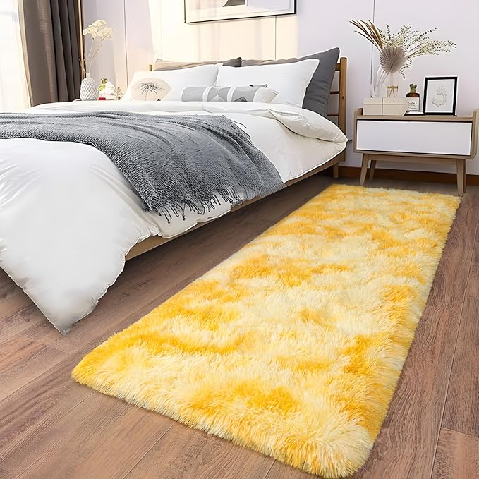 Soft Runner Rugs for Bedroom Hallways, 2x6 Tie-Dyed Yellow Fluffy Shag Throw Area Rug Non Slip for Bedside Dorm, Long Shaggy Furry Carpet for Nursery Living Room