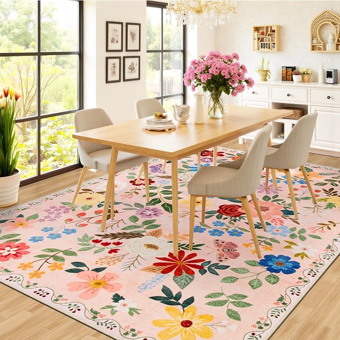 Area Rug Living Room Rugs: Floral 4x6 Washable Rug Vintage Soft Boho Non-Slip Carpet Indoor Floor Stain Resistant Large Carpets for Bedroom Dining Room Farmhouse Nursery Hallway Home Office Beige