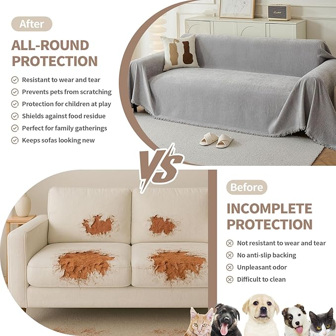 Couch Cover for Dogs, Boho Sofa Covers for 3 Cushion Couch, Chenille Sofa Slipcover for Pets Washable, L-Shape Sectional Couch Cover Soft Throw Blankets with Tassels(91x150,Grey)