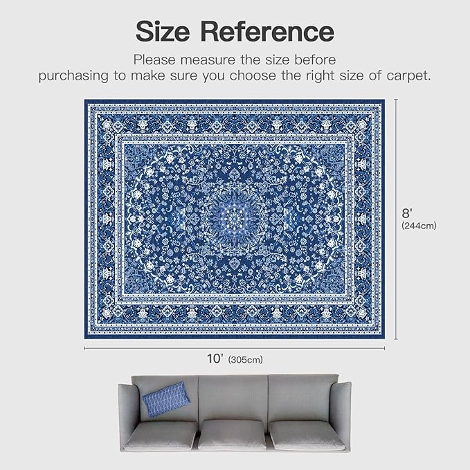 Lofus 8x10 Area Rugs for Living Room, Machine Washable Non-Slip Area Rug, Low Pile Large Rugs for Bedroom, Kitchen, Dining Room, Home Office, Vintage Oriental Print Rug, Dark Blue with White