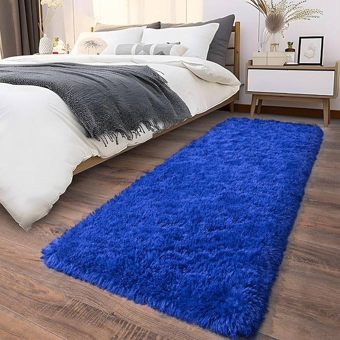 Soft Runner Rugs for Bedroom Hallways, 2 Packs 2x6 Royal Blue Fluffy Shag Throw Area Rug Non Slip for Bedside Dorm, Long Shaggy Furry Carpet for Nursery Living Room