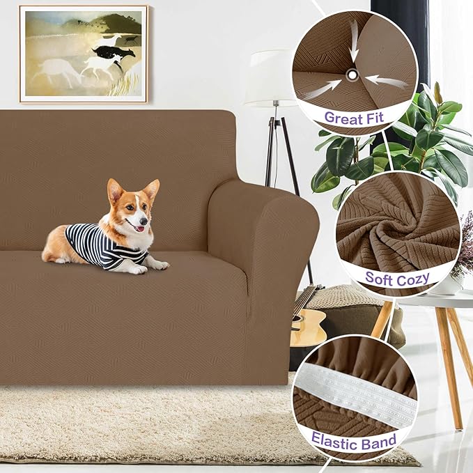 ZNSAYOTX Oversized Super Stretch Couch Cover (92"-115"), New Striped Sofa Covers Comfortable & Durable, Dog Cat Pets Friendly Extra Large Spandex Sofa Slipcovers (Light Coffee, XL Sofa)