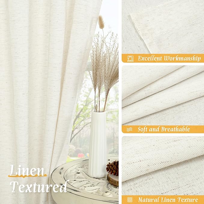 LAMIT Natural Linen Curtains 63 Inch Length for Bedroom, Light Filtering Semi Sheer Living Room Panels Farmhouse Boho Rod Pocket Privacy Drapes for Livingroom, 2 Panels (42 x 63 Inch, Cream)