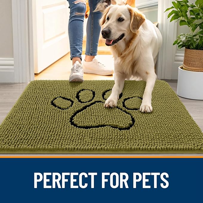 OLANLY Dog Door Mat for Muddy Paws 36x24, Paw Print Design, Absorbs Moisture and Dirt, Non-Slip Washable Doormat, Quick Dry Chenille Mud Mat for Dogs, Entry Indoor Entryway Carpet, Willow Green