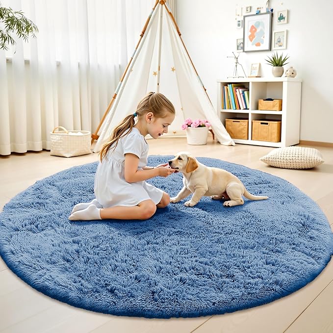 OLANLY Blue Round Rugs for Bedroom - Machine Washable, 9 ft Circle Area Rugs for Living Room, Soft and Fluffy Shaggy Carpet for Teen Girl and Boys, Nursery Rooms, Dorms, Home Decor Aesthetic