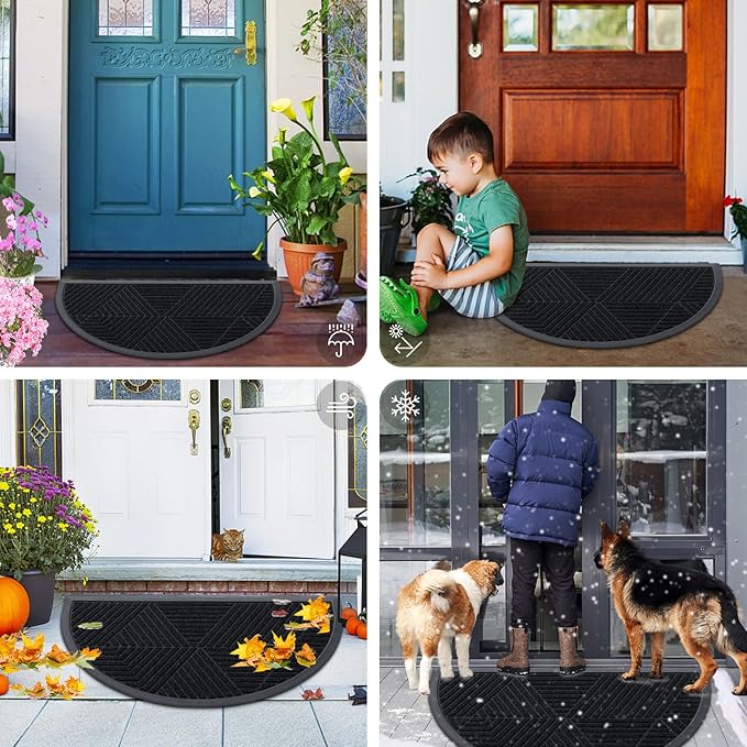 Smiry Half Circle Front Door Mat Outside Entrance, Heavy Duty Sturdy Natural Rubber Doormat, Trap Dirt and Moisture, Low Profile Mats for Indoor Outdoor Entry, Irregular Triangle (35x23, Black)
