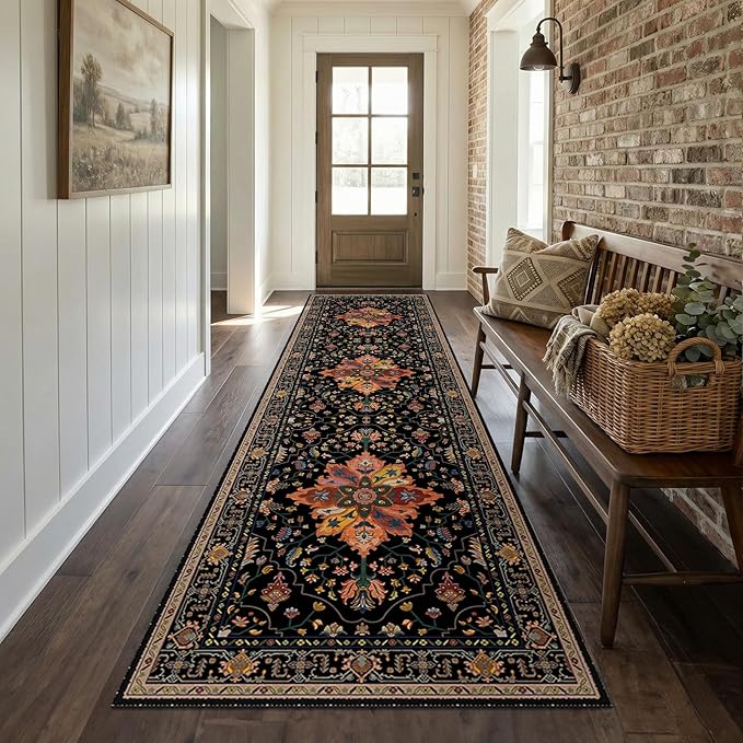 RELEANY Area Rugs 2'6''x8' Runner Rug Non Slip Washable for Kitchen Hallway Bedroom Beside Laundry Room Bathroom Rug, Floor Carpet, Black Colorful Floral Dark Tan