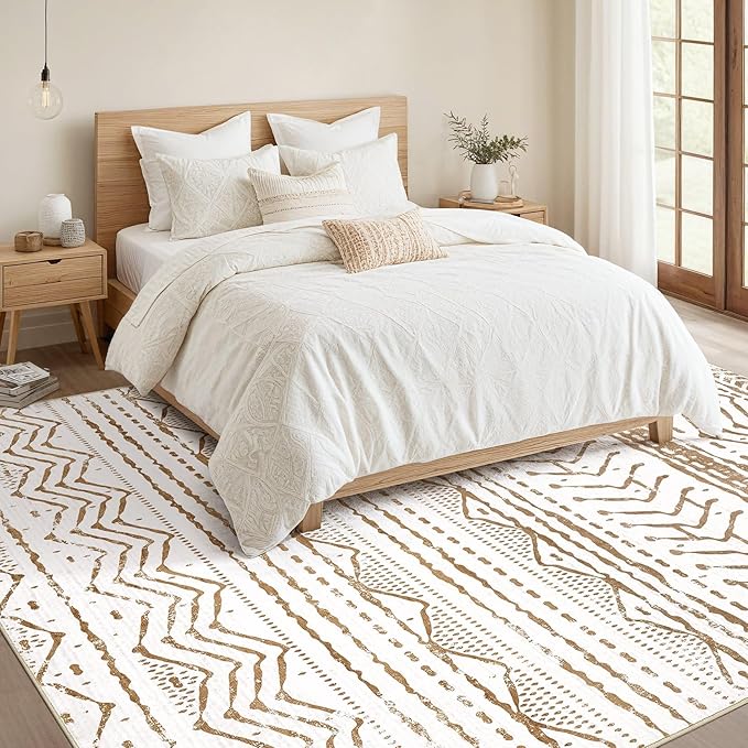 Nakagishi Area Rugs 8x10 Living Room: Washable Boho Large Neutral Soft Farmhouse Rug Stain Resistant Modern Geometric Indoor Floor Carpet for Bedroom Nursery Playroom Office Dining Room- Brown White