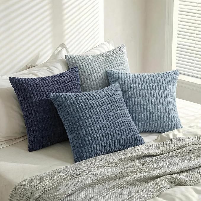 Fancy Homi Set of 4 Blue Decorative Throw Pillow Covers 20x20 Inch for Couch Bed Chair, Modern Farmhouse Boho Room Decor, Soft Fuzzy Corduroy Textured Striped Coastal Blue Cushion Case 50cm