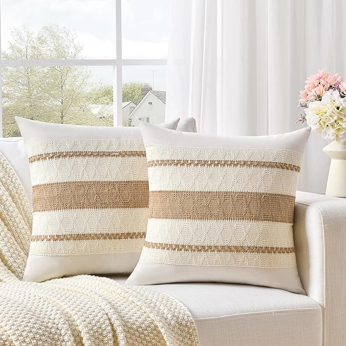 Fancy Homi Set of 1 Boho Neutral Big Decorative Throw Pillow Cover 24x24 Inch for Couch Bed Bedroom, Aesthetic Modern Organic Farmhouse Room Decor, Soft Cotton Accent Macrame Woven Tan Cushion Case