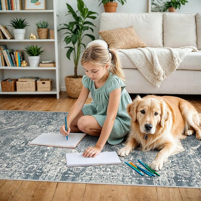 3x6 Washable Hallway Runner Rug - Non Slip Kitchen Runner Rugs with Rubber Backing Vintage Low-Pile Carpet Runners for Entryway Dining Room Laundry Room Home Decor (Blue)