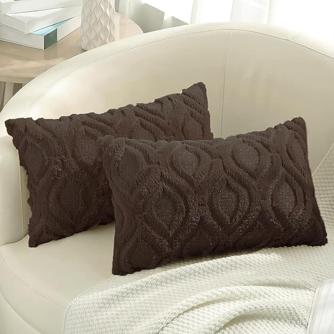 decorUhome Throw Pillow Covers 12x20 Inch Set of 2, Soft Plush Faux Wool Dark Brown Solid Couch Pillow Covers, Accent Farmhouse Neutral Rectangle Pillow Cases for Sofa Bed Living Room