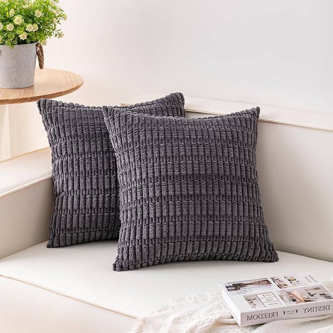 Pack of 2 Corduroy Decorative Throw Pillow Covers 16x16 Inch Soft Striped Pillow Covers Modern Farmhouse Home Decor for Sofa Living Room Couch Bed（Dark Grey）