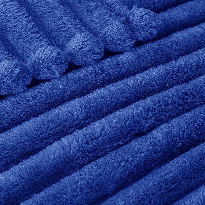 Exclusivo Mezcla Queen Size Flannel Fleece Blanket, Super Soft Striped Jacquard Bed Blanket, Lightweight Fuzzy Cozy for All Seasons, 90x90 Inches, Cobalt Blue