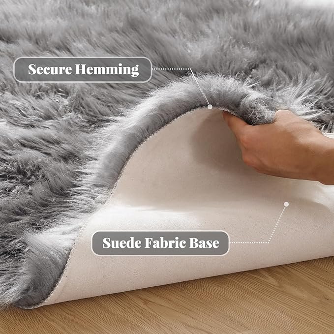 ORINOVA Silver Grey Faux Sheepskin Washable Shaggy Fur Area Rugs for Living Room Bedroom 2x6 Fluffy Nursery Rug Runner Teen Room Décor