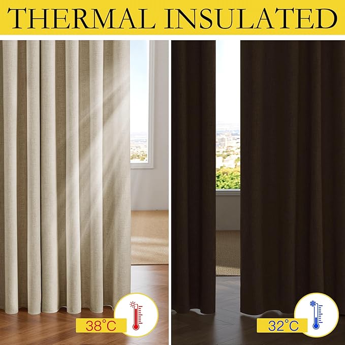 NICETOWN Cream 100% Blackout Linen Curtains 72 inch Long Burg for Classroom, 1 Pair, 42" Width Each Panel, Farmhouse Thick Completely Blackout Window Treatment Thermal Insulated Drapes