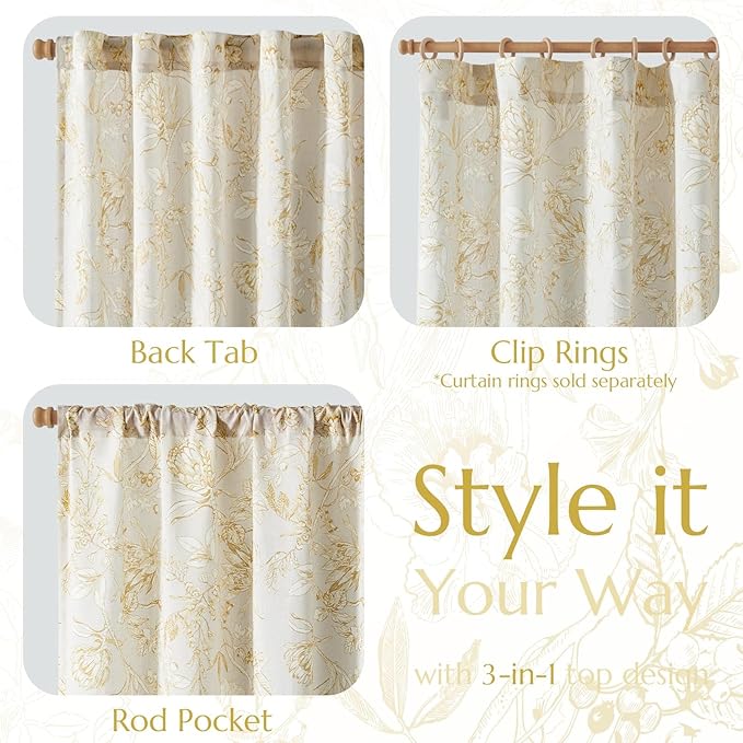 jinchan Floral Curtains 84 Inches Long Mustard Yellow Flower Linen Farmhouse Curtain for Living Room French Country Vintage Curtain Rod Pocket Curtains Set 2 Panels Floral Printed