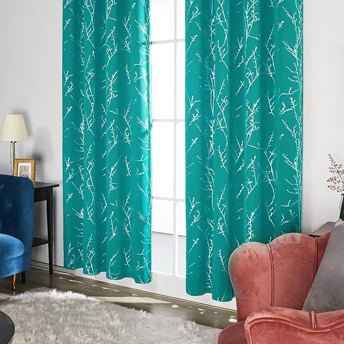 Deconovo Blackout Curtains, Thermal Insulated Soundproof Drapes with Tree Foil Print, 52 x 108 Inch, Set of 2, Machine Washable Window Curtain for Bedroom Living Room Nursery Kitchen Office, Turquoise